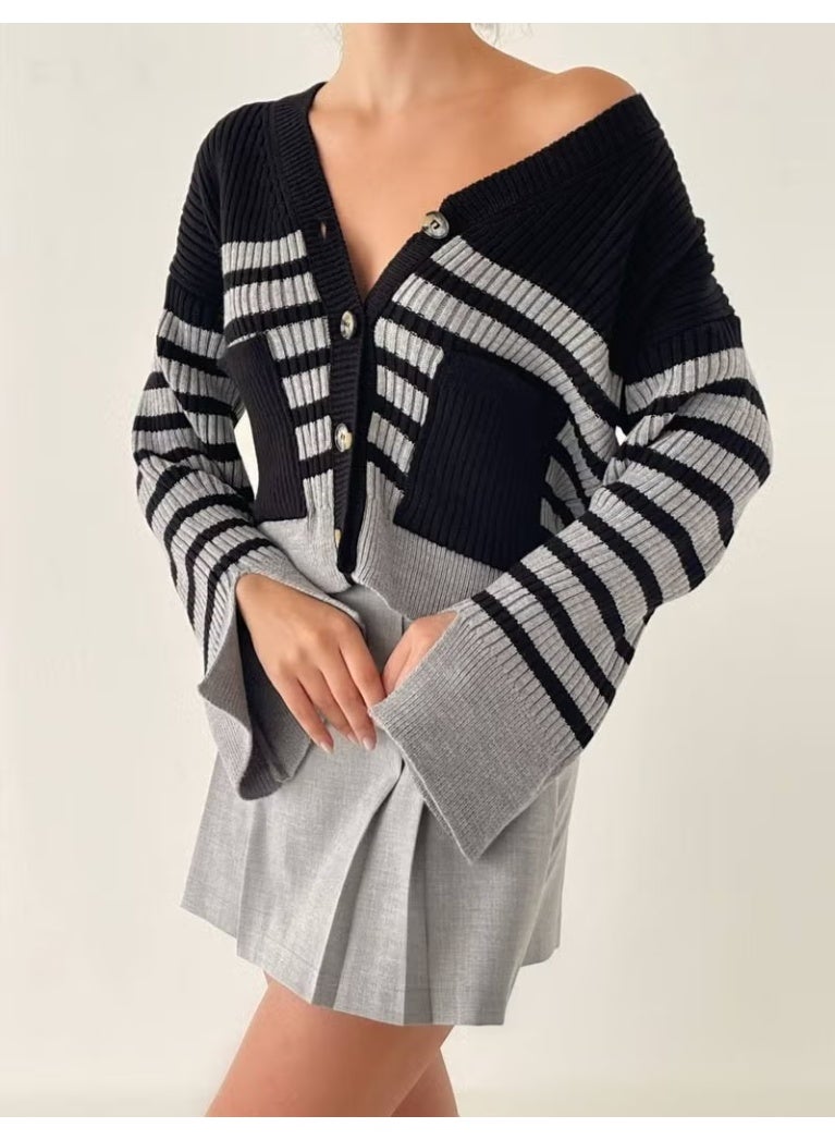 Afa Striped Knitted Cardigan - Pocket and Sleeve Detail - Image 2